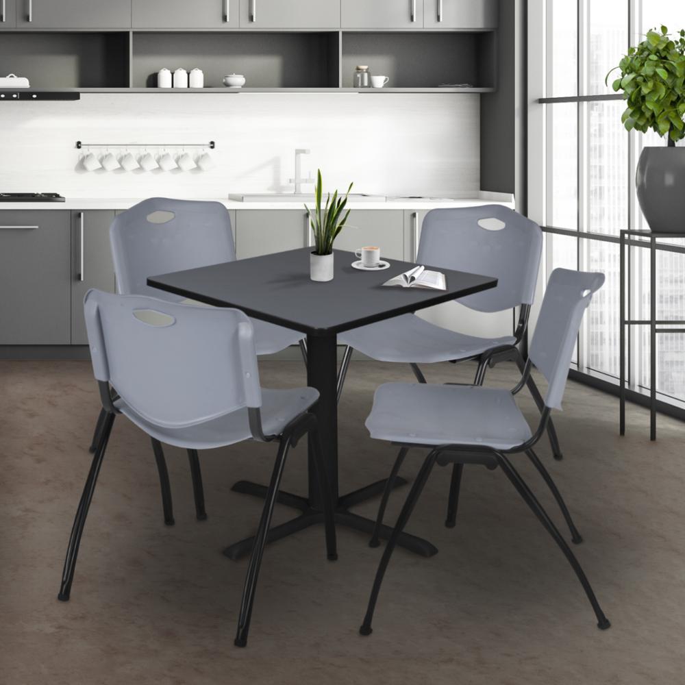 Cain 36" Square Breakroom Table- Grey & 4 'M' Stack Chairs- Grey. Picture 2