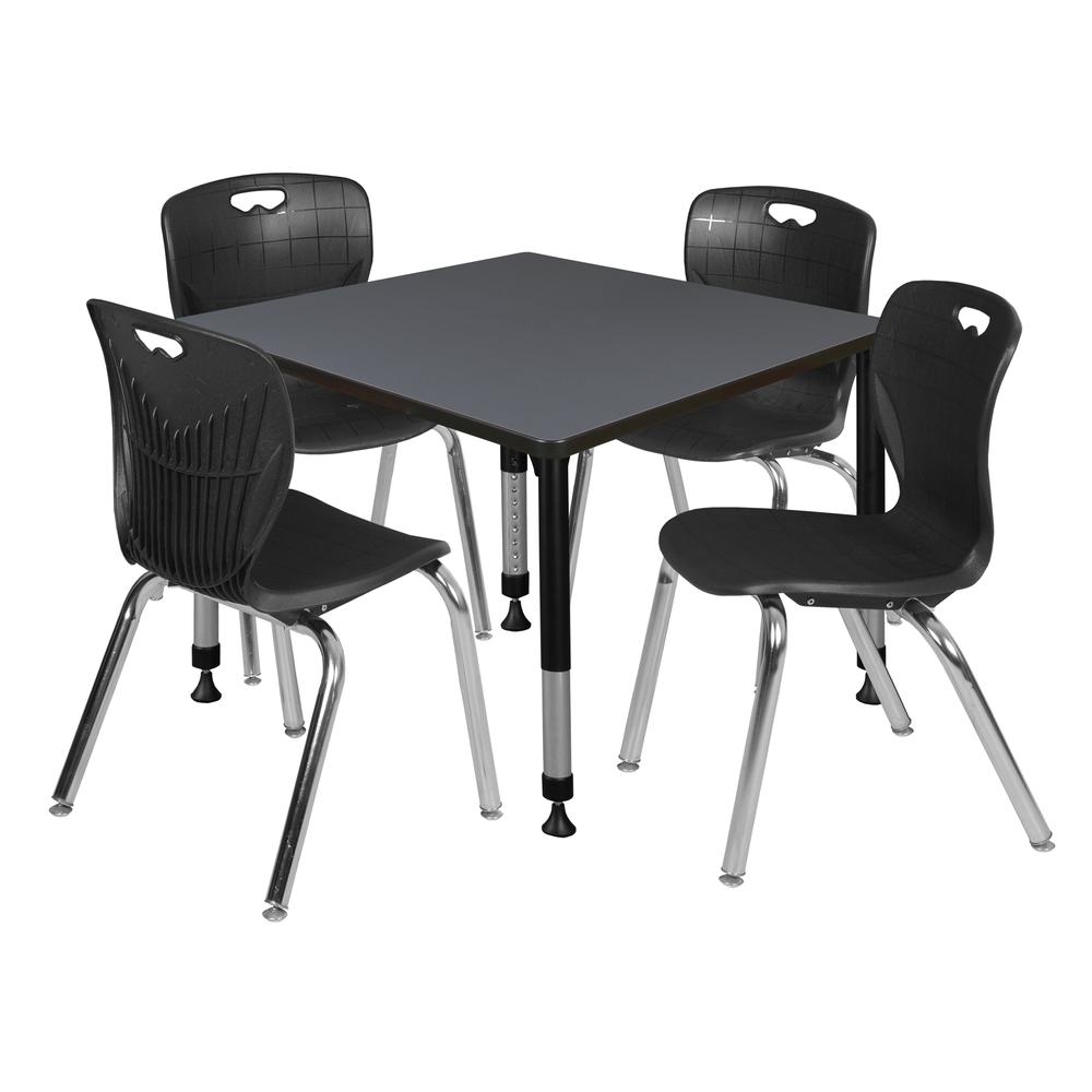 Kee 36" Square Height Adjustable Classroom Table - Grey & 4 Andy 18-in Stack Chairs- Black. Picture 1