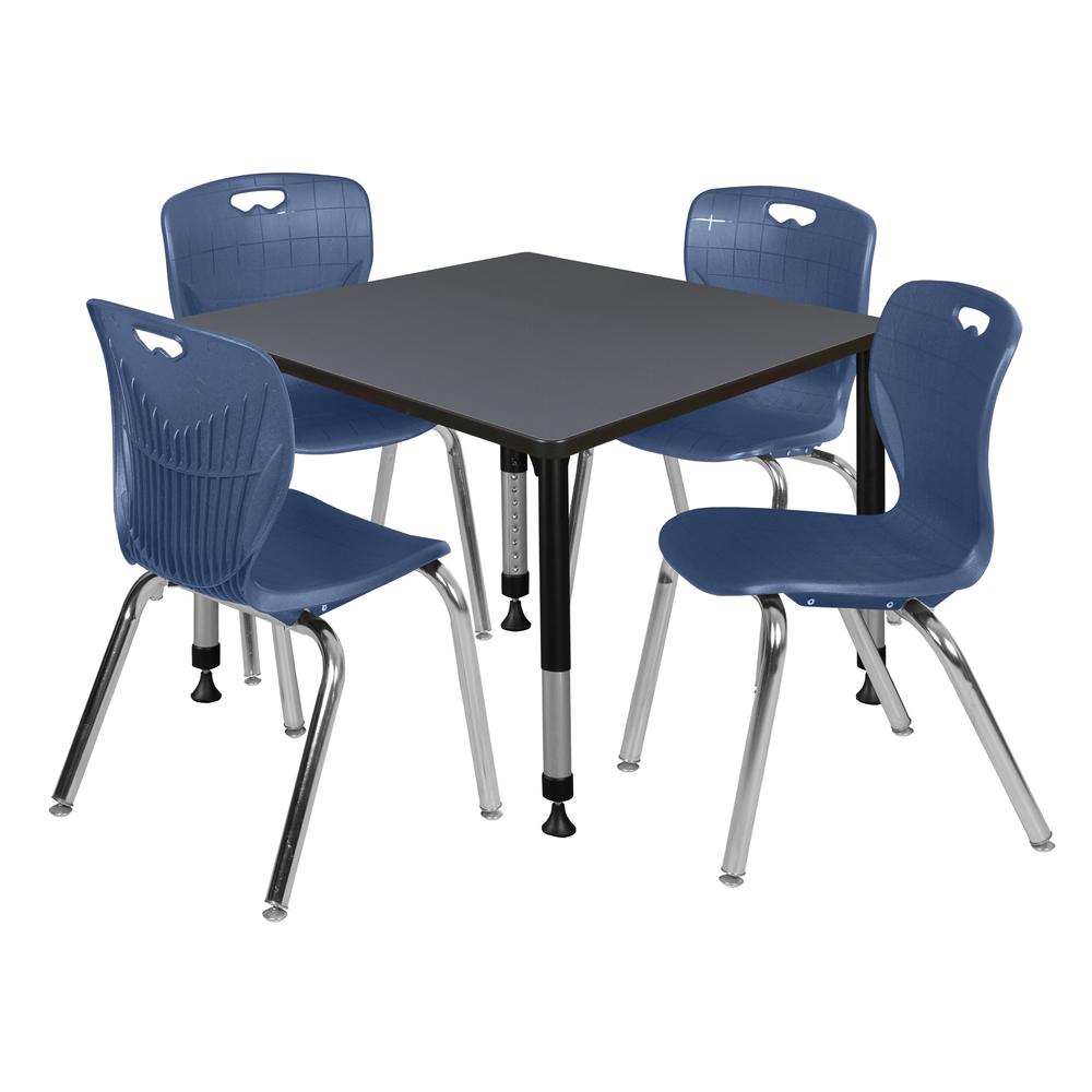 Kee 36" Square Height Adjustable Classroom Table - Grey & 4 Andy 18-in Stack Chairs- Navy Blue. Picture 1