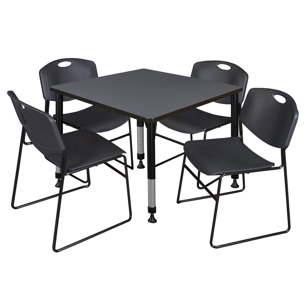 Kee 36" Square Height Adjustable Classroom Table - Grey & 4 Zeng Stack Chairs- Black. Picture 1