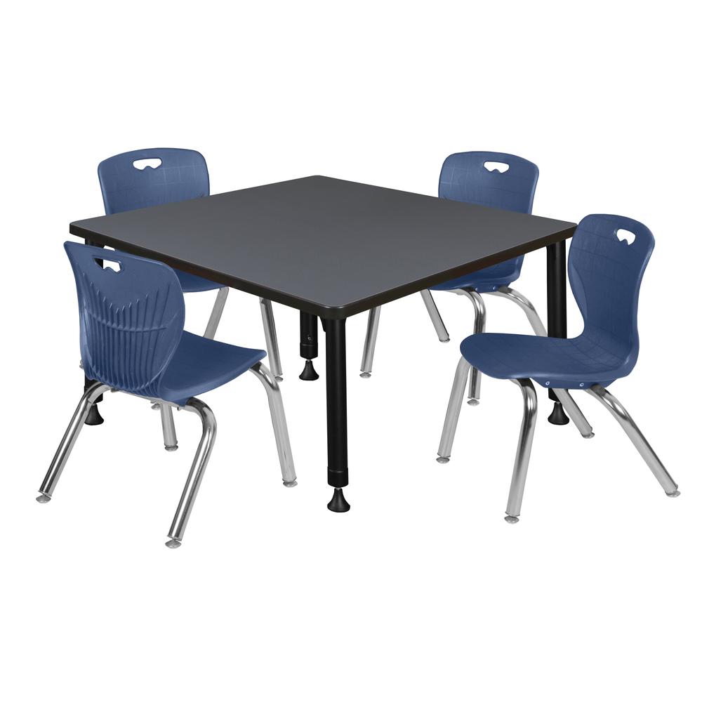 Kee 36" Square Height Adjustable Classroom Table - Grey & 4 Andy 12-in Stack Chairs- Navy Blue. Picture 1