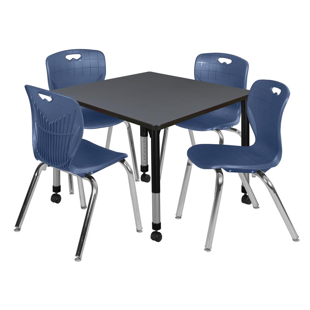 Kee 36" Square Height Adjustable Mobile Classroom Table - Grey &  4 Andy 18-in Stack Chairs- Navy Blue. Picture 1