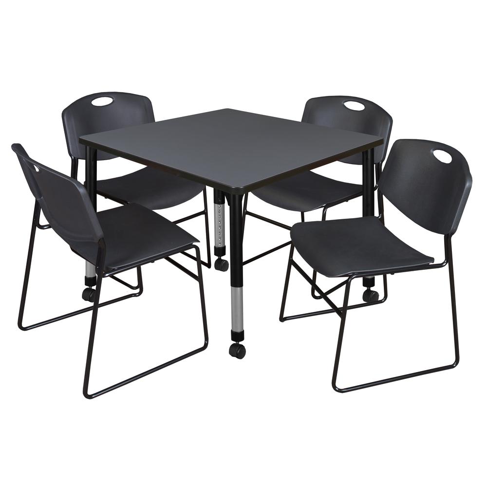 Kee 36" Square Height Adjustable Mobile Classroom Table - Grey & 4 Zeng Stack Chairs- Black. Picture 1