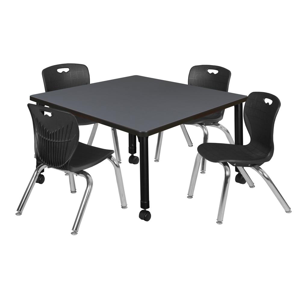 Kee 36" Square Height Adjustable Mobile Classroom Table - Grey &  4 Andy 12-in Stack Chairs- Black. Picture 1