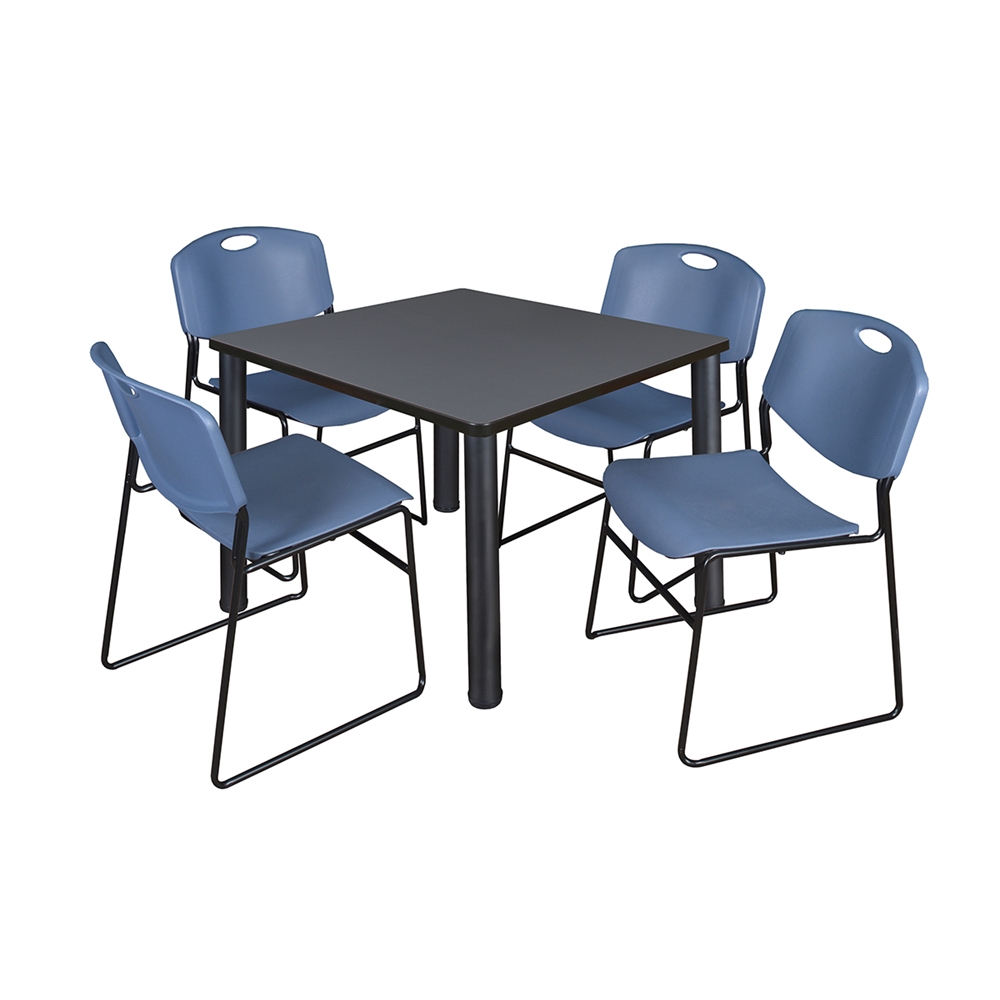 Kee 36" Square Breakroom Table- Grey/ Black & 4 Zeng Stack Chairs- Blue. Picture 1