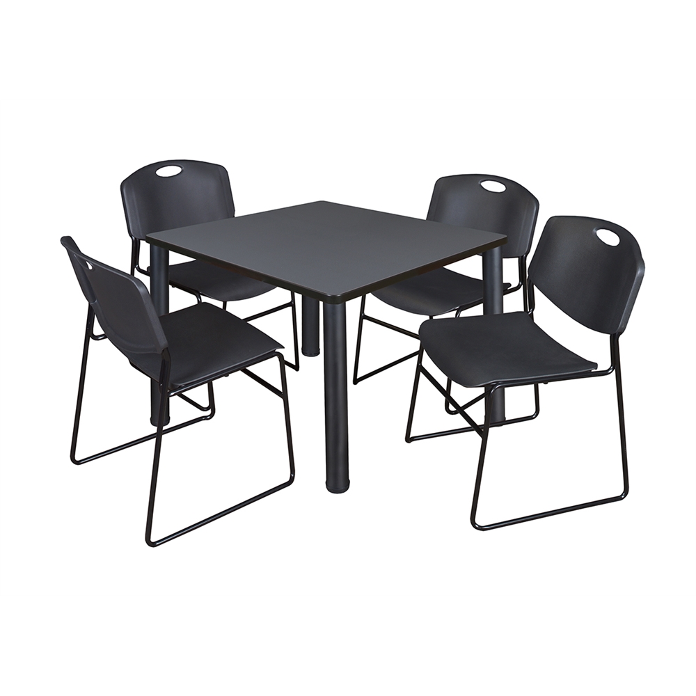Kee 36" Square Breakroom Table- Grey/ Black & 4 Zeng Stack Chairs- Black. Picture 1