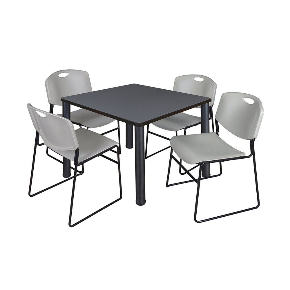 Kee 36" Square Breakroom Table- Grey/ Black & 4 Zeng Stack Chairs- Grey. Picture 1