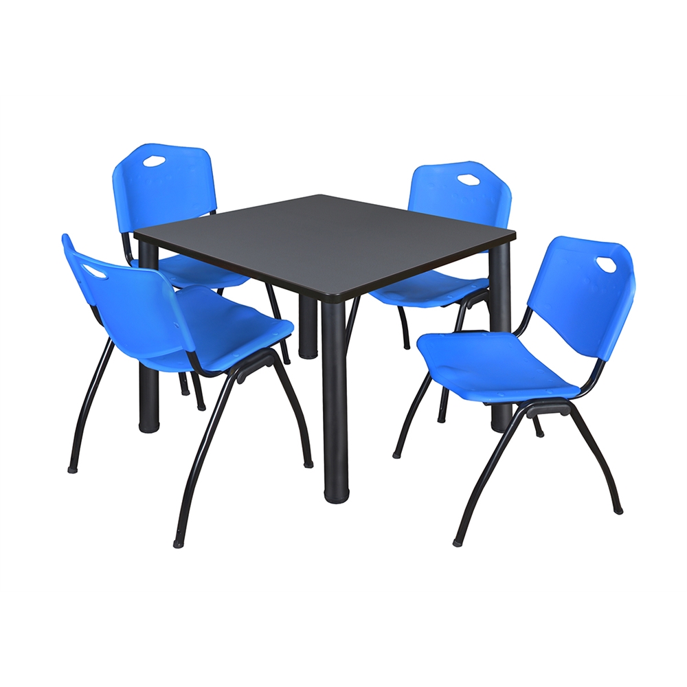Kee 36" Square Breakroom Table- Grey/ Black & 4 'M' Stack Chairs- Blue. Picture 1