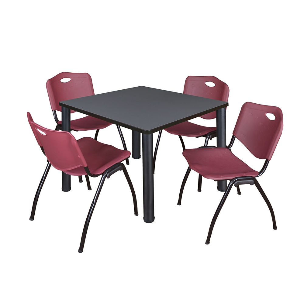 Kee 36" Square Breakroom Table- Grey/ Black & 4 'M' Stack Chairs- Burgundy. Picture 1