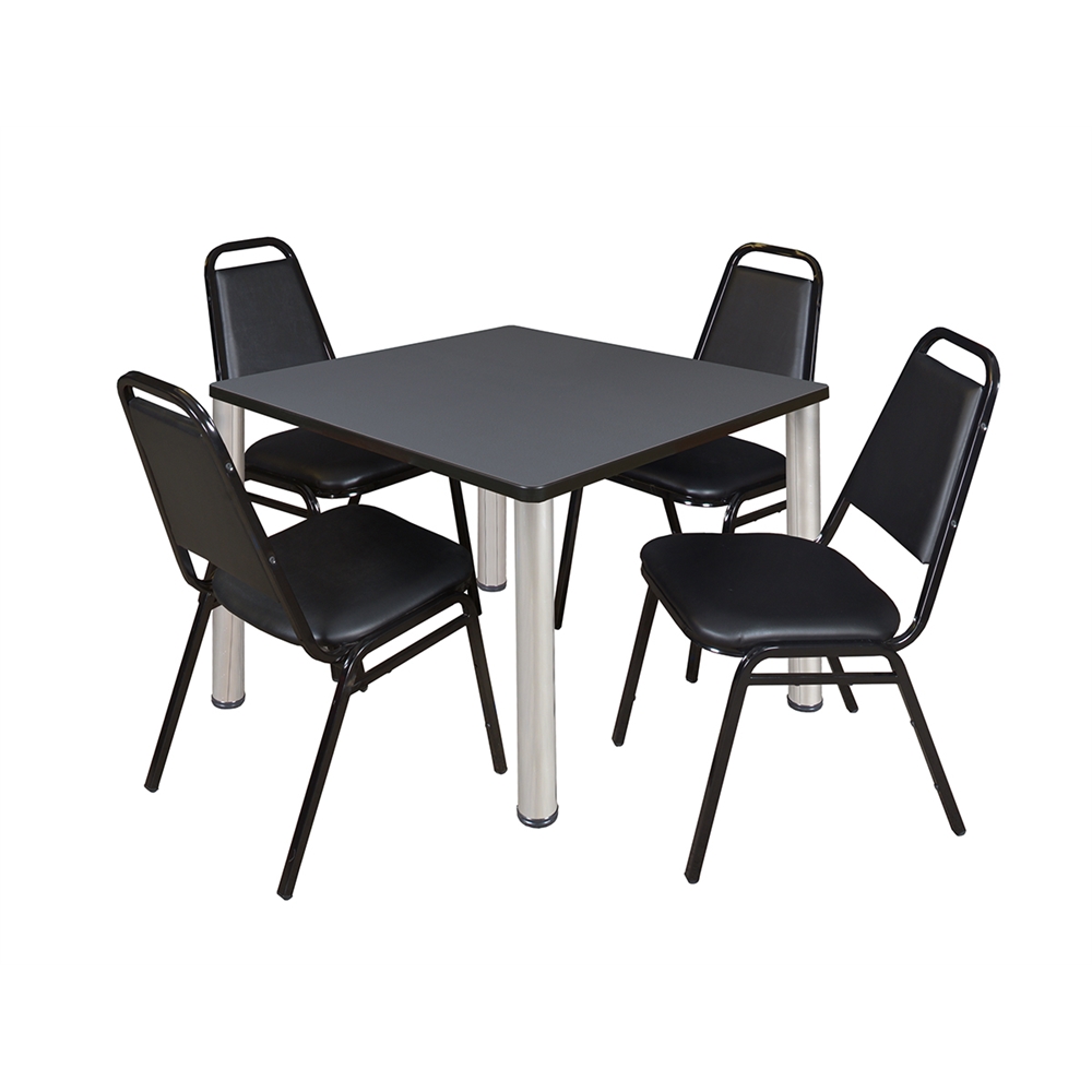 Kee 36" Square Breakroom Table- Grey/ Chrome & 4 Restaurant Stack Chairs- Black. Picture 1