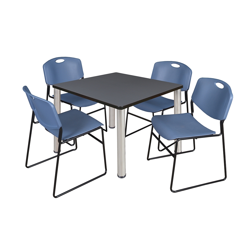 Kee 36" Square Breakroom Table- Grey/ Chrome & 4 Zeng Stack Chairs- Blue. Picture 1