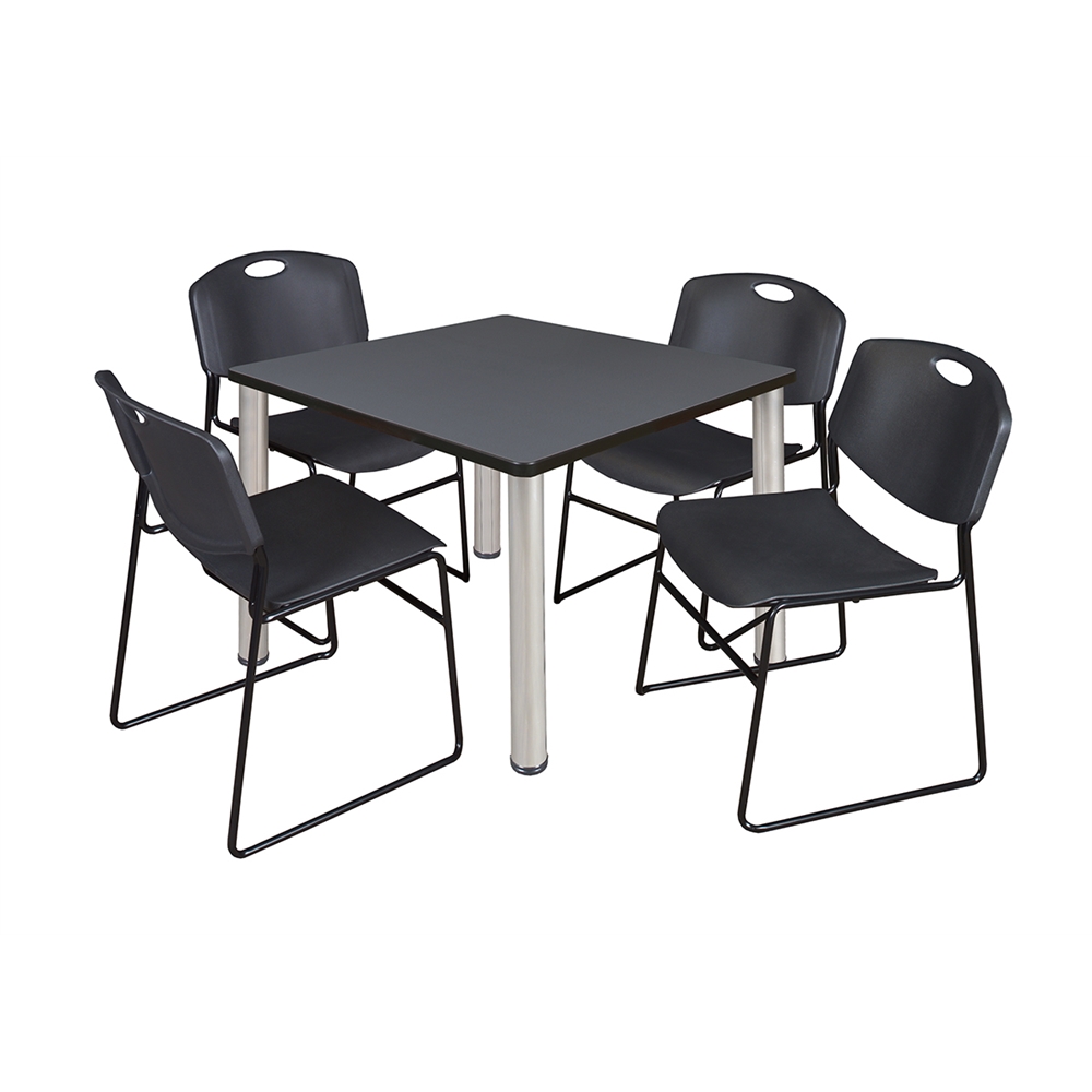 Kee 36" Square Breakroom Table- Grey/ Chrome & 4 Zeng Stack Chairs- Black. Picture 1