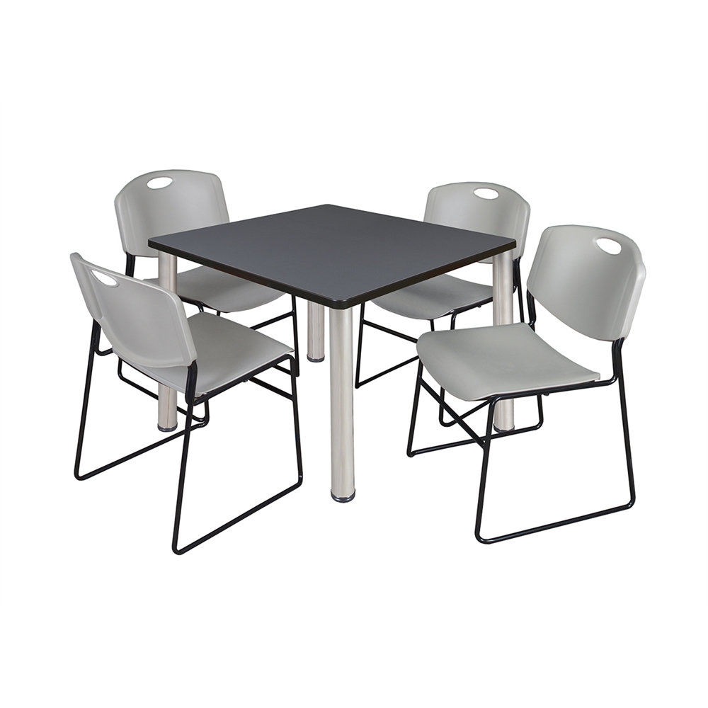 Kee 36" Square Breakroom Table- Grey/ Chrome & 4 Zeng Stack Chairs- Grey. Picture 1