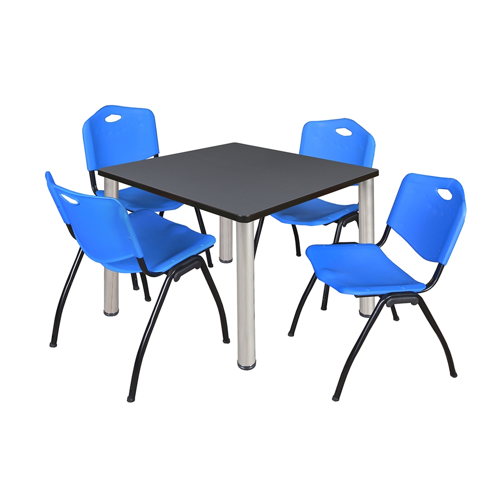 Kee 36" Square Breakroom Table- Grey/ Chrome & 4 'M' Stack Chairs- Blue. Picture 1