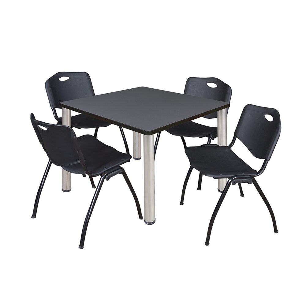 Kee 36" Square Breakroom Table- Grey/ Chrome & 4 'M' Stack Chairs- Black. Picture 1