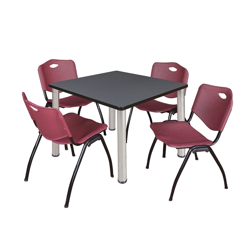 Kee 36" Square Breakroom Table- Grey/ Chrome & 4 'M' Stack Chairs- Burgundy. Picture 1