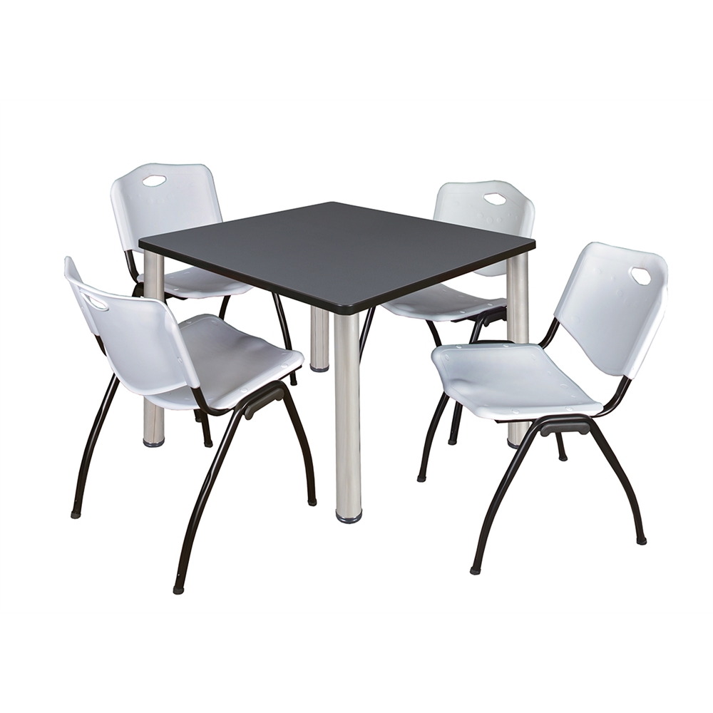 Kee 36" Square Breakroom Table- Grey/ Chrome & 4 'M' Stack Chairs- Grey. Picture 1