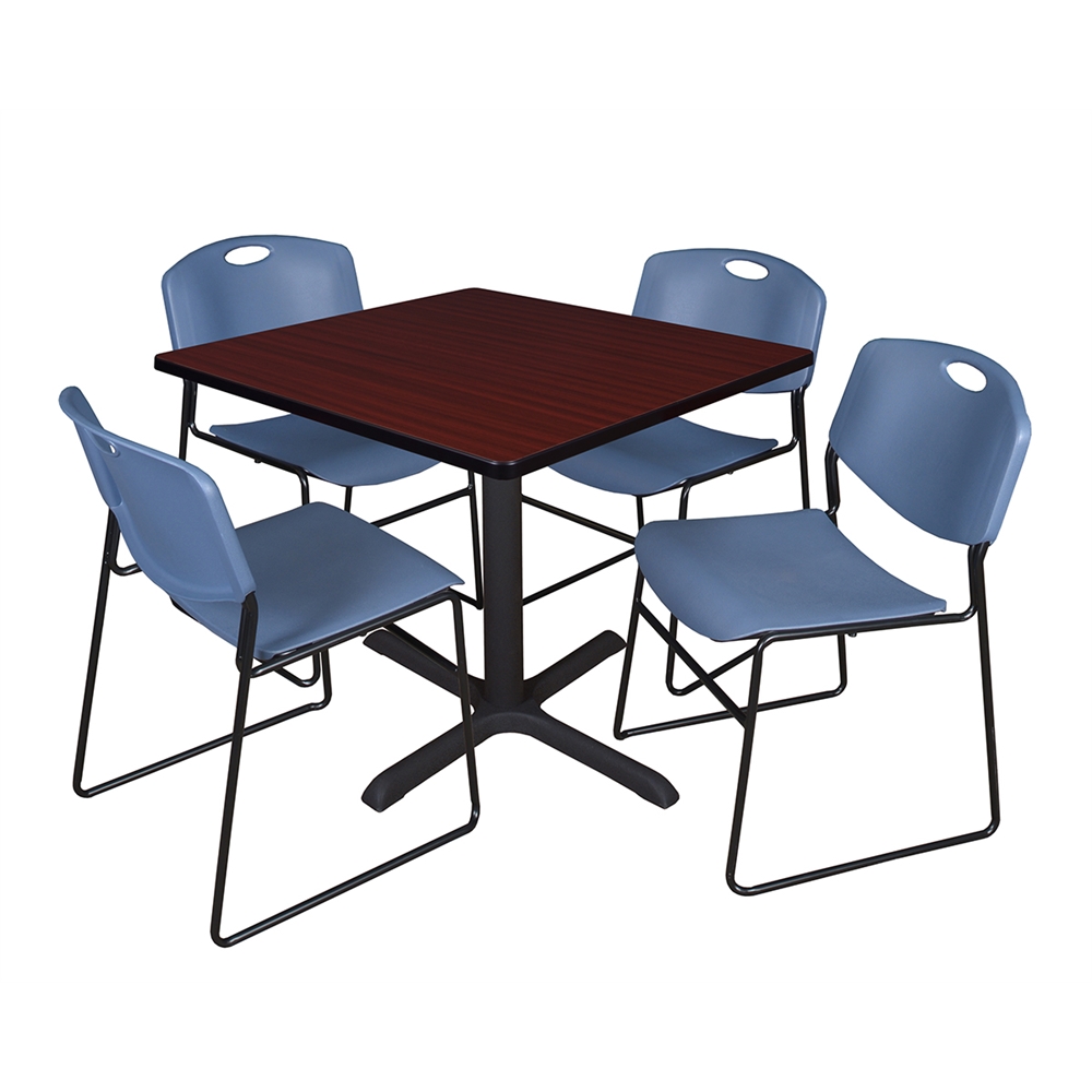 Cain 36" Square Breakroom Table- Mahogany & 4 Zeng Stack Chairs- Blue. Picture 1