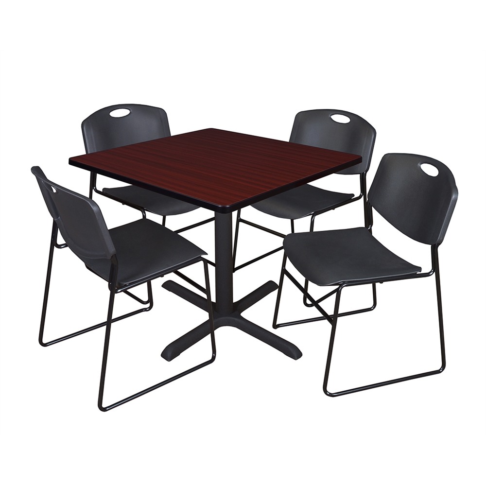 Cain 36" Square Breakroom Table- Mahogany & 4 Zeng Stack Chairs- Black. Picture 1