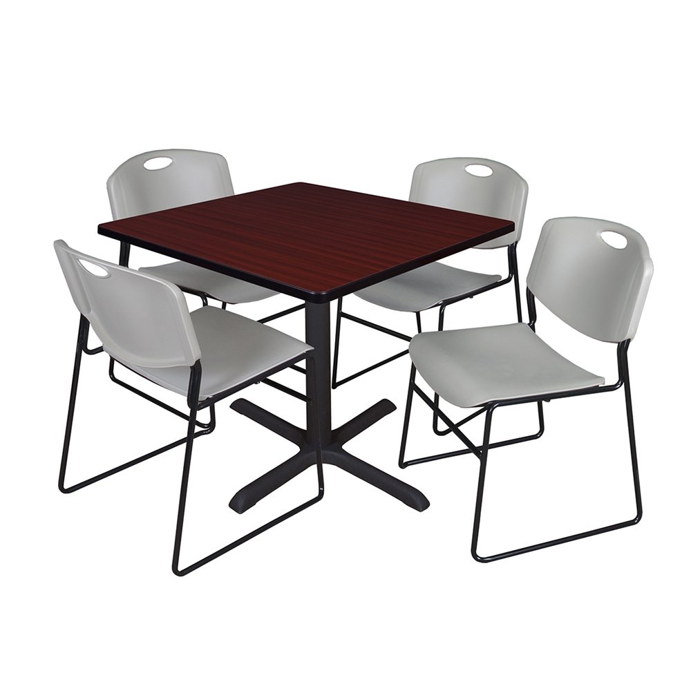 Cain 36" Square Breakroom Table- Mahogany & 4 Zeng Stack Chairs- Grey. Picture 1