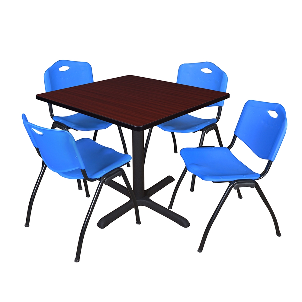 Cain 36" Square Breakroom Table- Mahogany & 4 'M' Stack Chairs- Blue. Picture 1