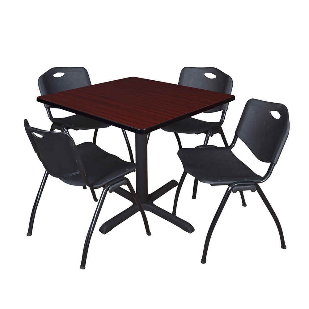 Cain 36" Square Breakroom Table- Mahogany & 4 'M' Stack Chairs- Black. Picture 1