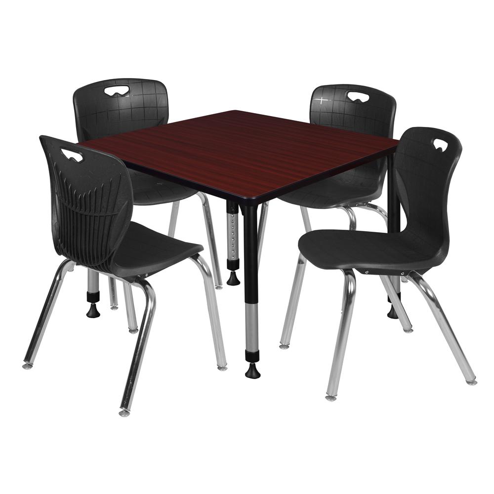 Kee 36" Square Height Adjustable Classroom Table - Mahogany & 4 Andy 18-in Stack Chairs- Black. Picture 1