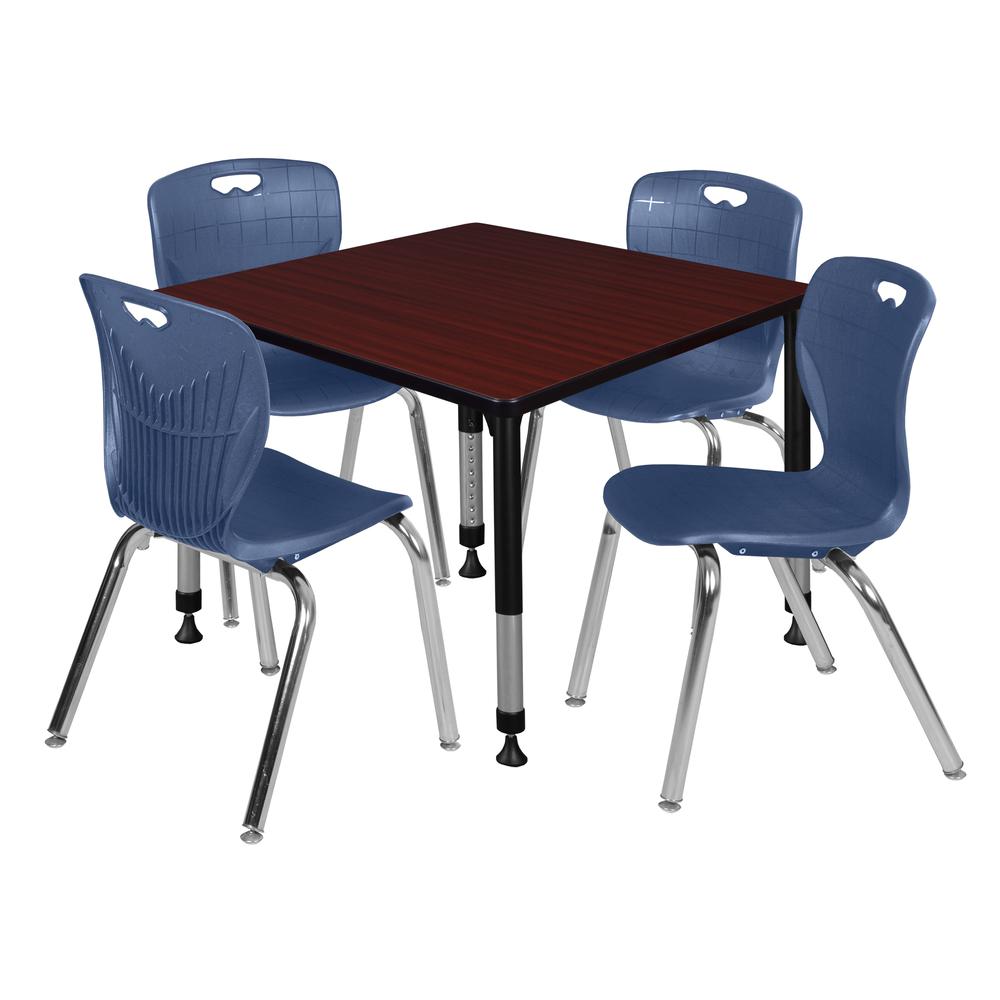 Kee 36" Square Height Adjustable Classroom Table - Mahogany & 4 Andy 18-in Stack Chairs- Navy Blue. Picture 1
