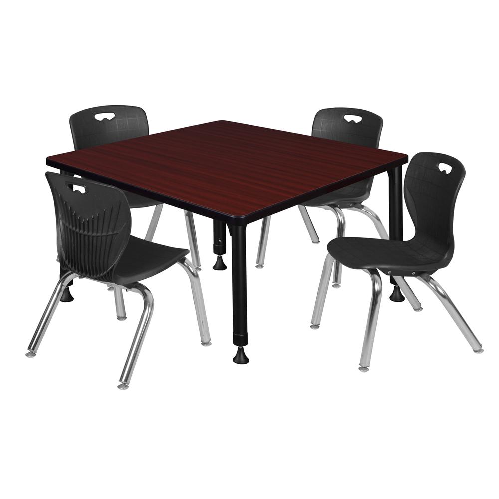 Kee 36" Square Height Adjustable Classroom Table - Mahogany & 4 Andy 12-in Stack Chairs- Black. Picture 1