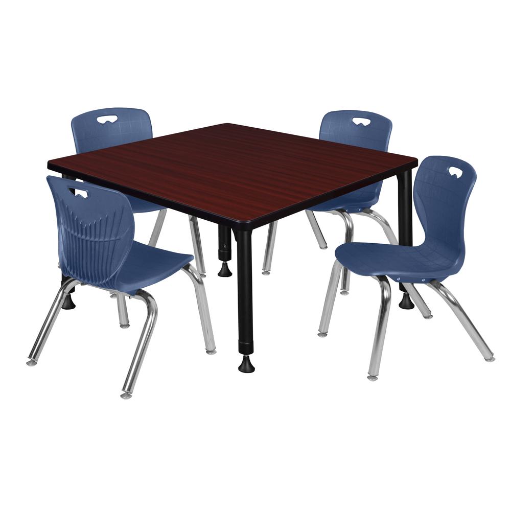 Kee 36" Square Height Adjustable Classroom Table - Mahogany & 4 Andy 12-in Stack Chairs- Navy Blue. Picture 1