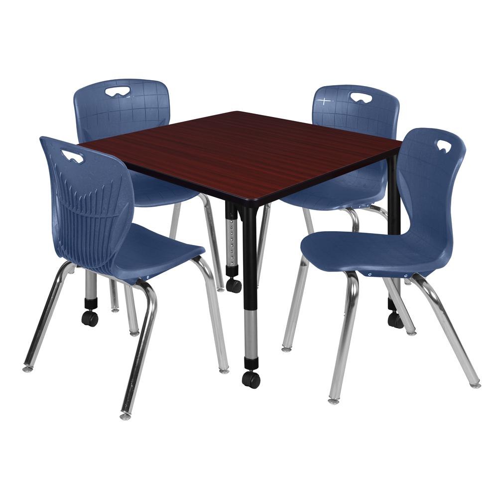 Kee 36" Square Height Adjustable Moblie Classroom Table - Mahogany & 4 Andy 18-in Stack Chairs- Navy Blue. Picture 1
