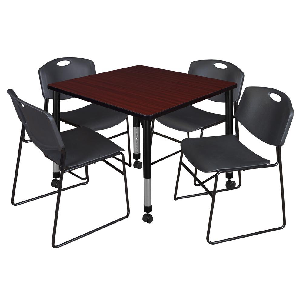 Kee 36" Square Height Adjustable Moblie Classroom Table - Mahogany & 4 Zeng Stack Chairs- Black. Picture 1