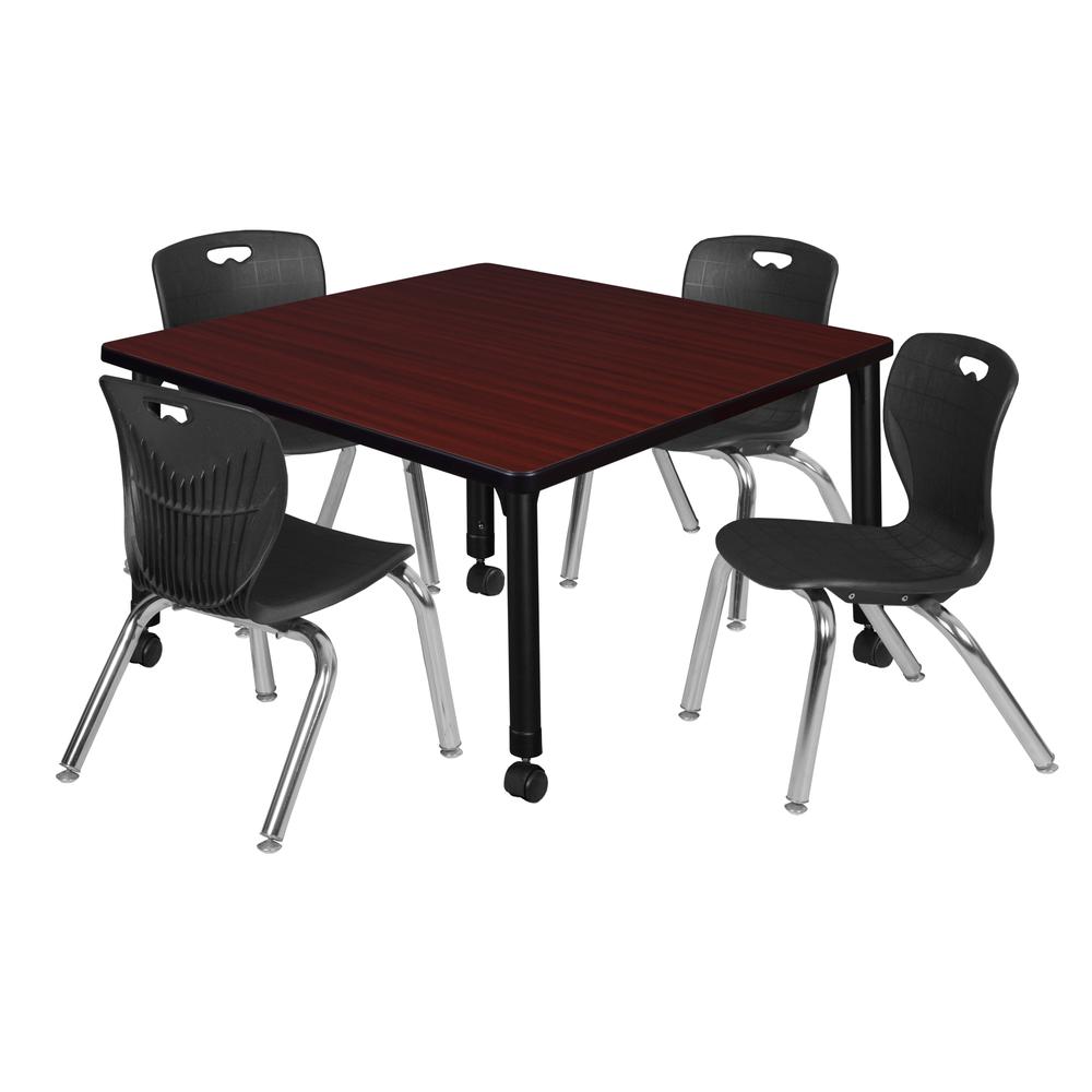 Kee 36" Square Height Adjustable Moblie Classroom Table - Mahogany & 4 Andy 12-in Stack Chairs- Black. Picture 1