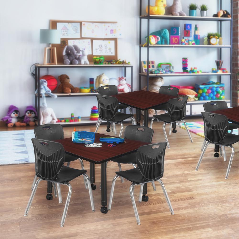 Kee 36" Square Height Adjustable Moblie Classroom Table - Mahogany & 4 Andy 12-in Stack Chairs- Black. Picture 7