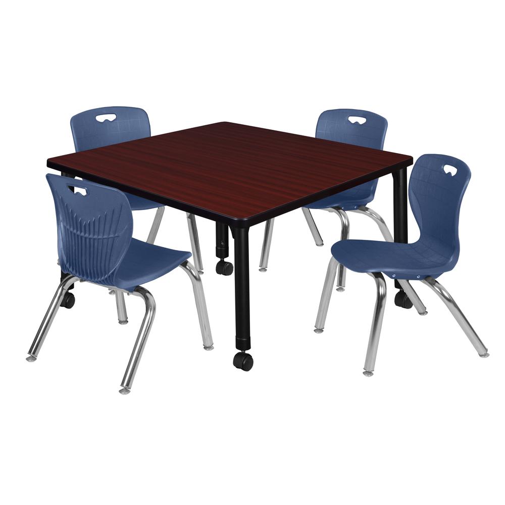 Kee 36" Square Height Adjustable Moblie Classroom Table - Mahogany & 4 Andy 12-in Stack Chairs- Navy Blue. Picture 1
