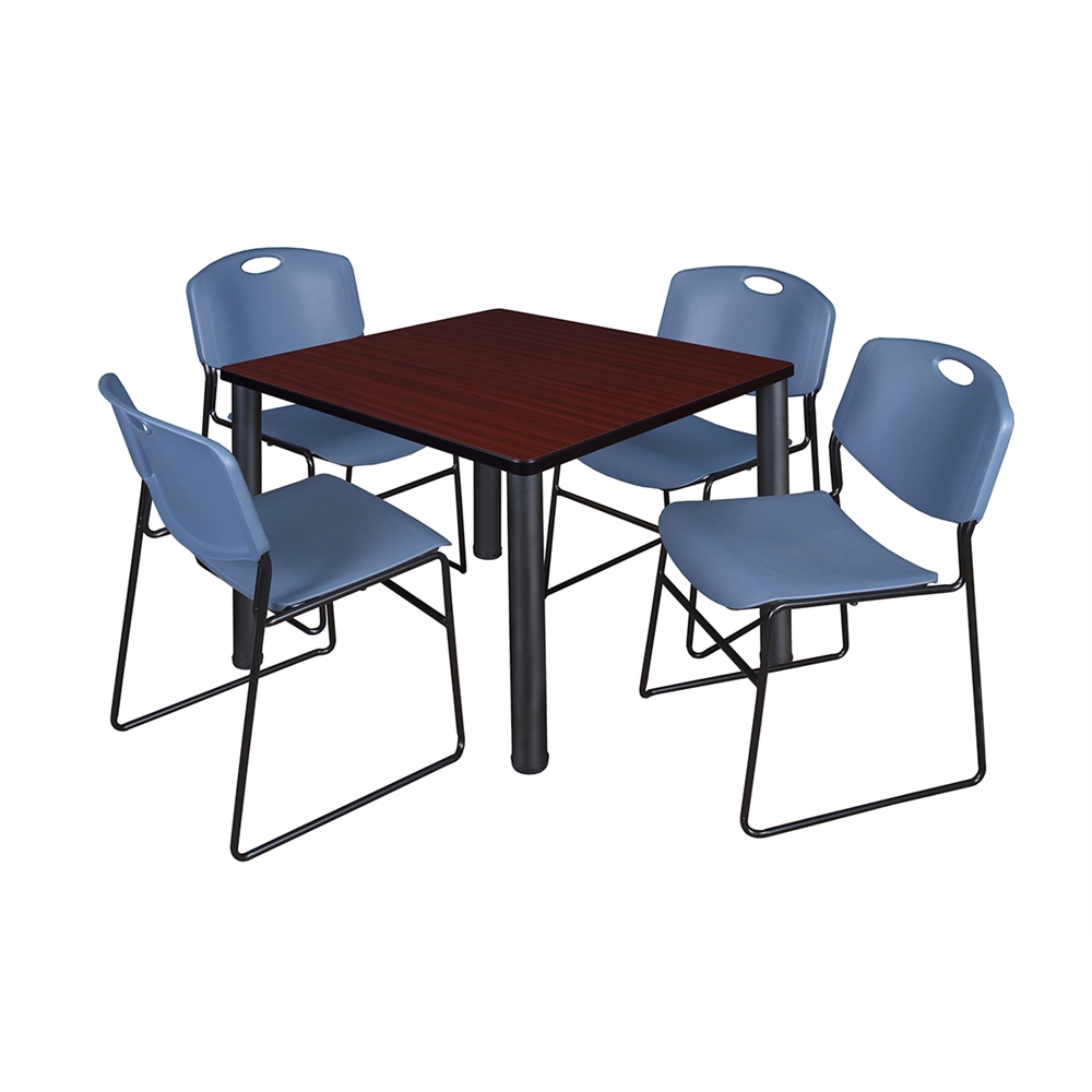 Kee 36" Square Breakroom Table- Mahogany/ Black & 4 Zeng Stack Chairs- Blue. Picture 1