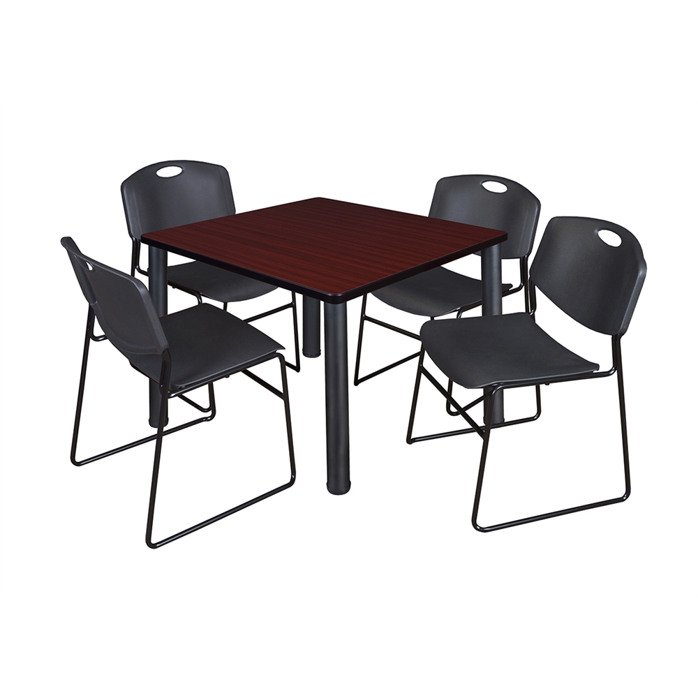 Kee 36" Square Breakroom Table- Mahogany/ Black & 4 Zeng Stack Chairs- Black. Picture 1