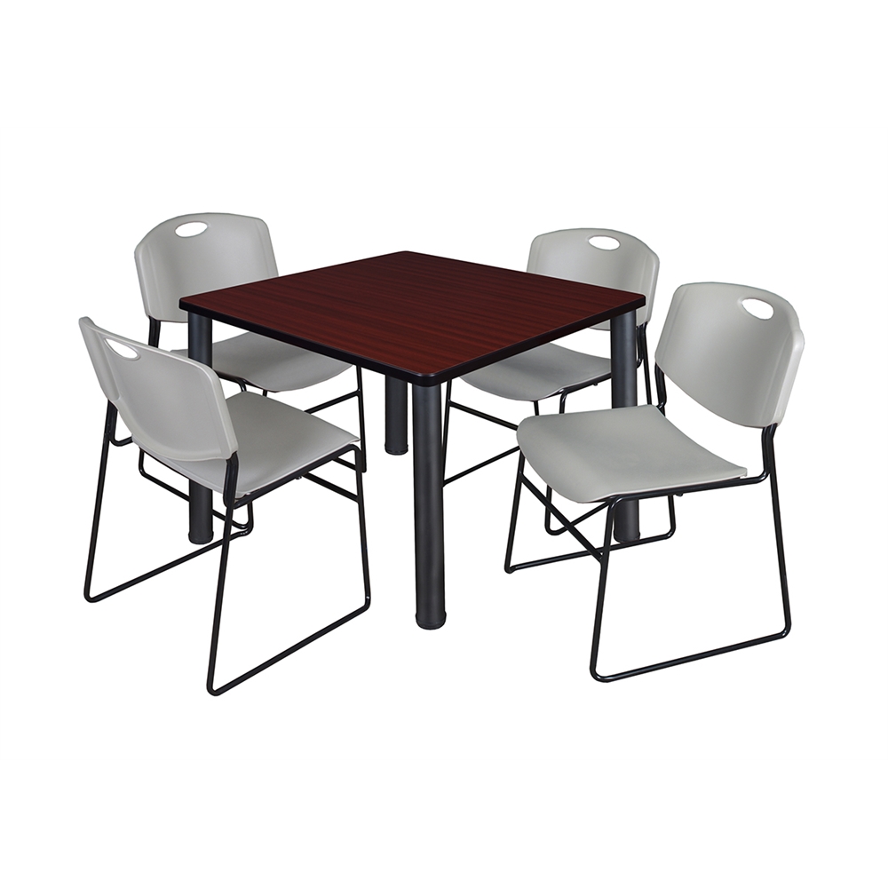 Kee 36" Square Breakroom Table- Mahogany/ Black & 4 Zeng Stack Chairs- Grey. Picture 1