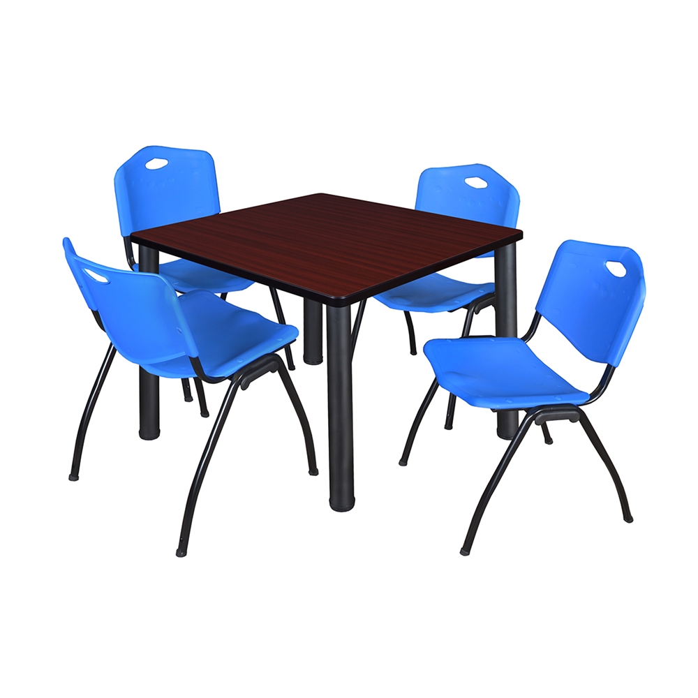 Kee 36" Square Breakroom Table- Mahogany/ Black & 4 'M' Stack Chairs- Blue. Picture 1