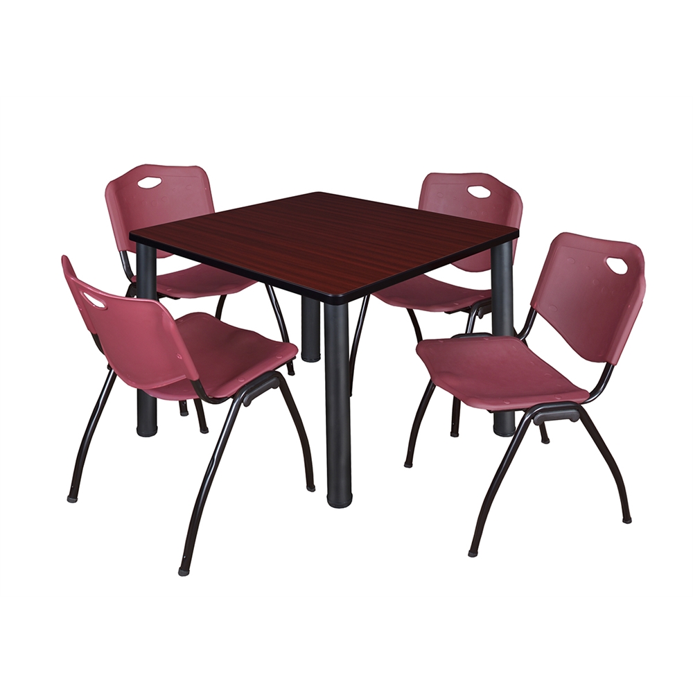 Kee 36" Square Breakroom Table- Mahogany/ Black & 4 'M' Stack Chairs- Burgundy. Picture 1