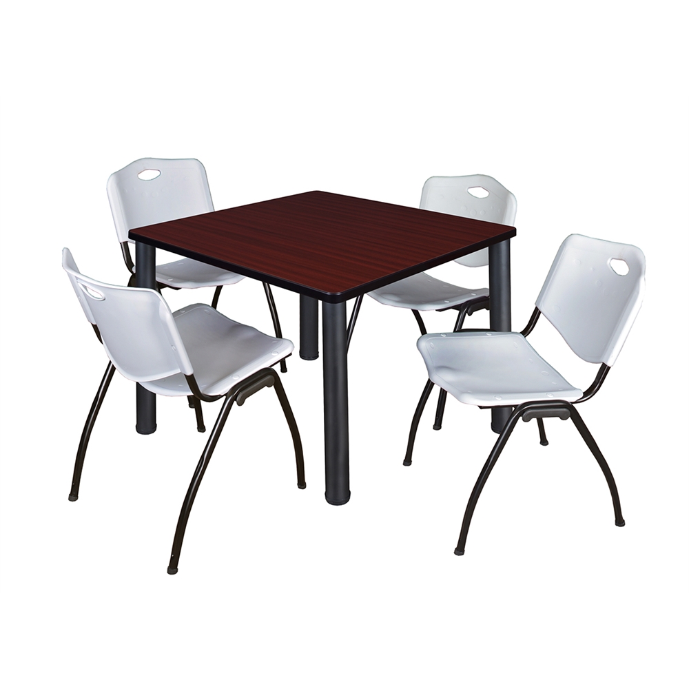 Kee 36" Square Breakroom Table- Mahogany/ Black & 4 'M' Stack Chairs- Grey. Picture 1
