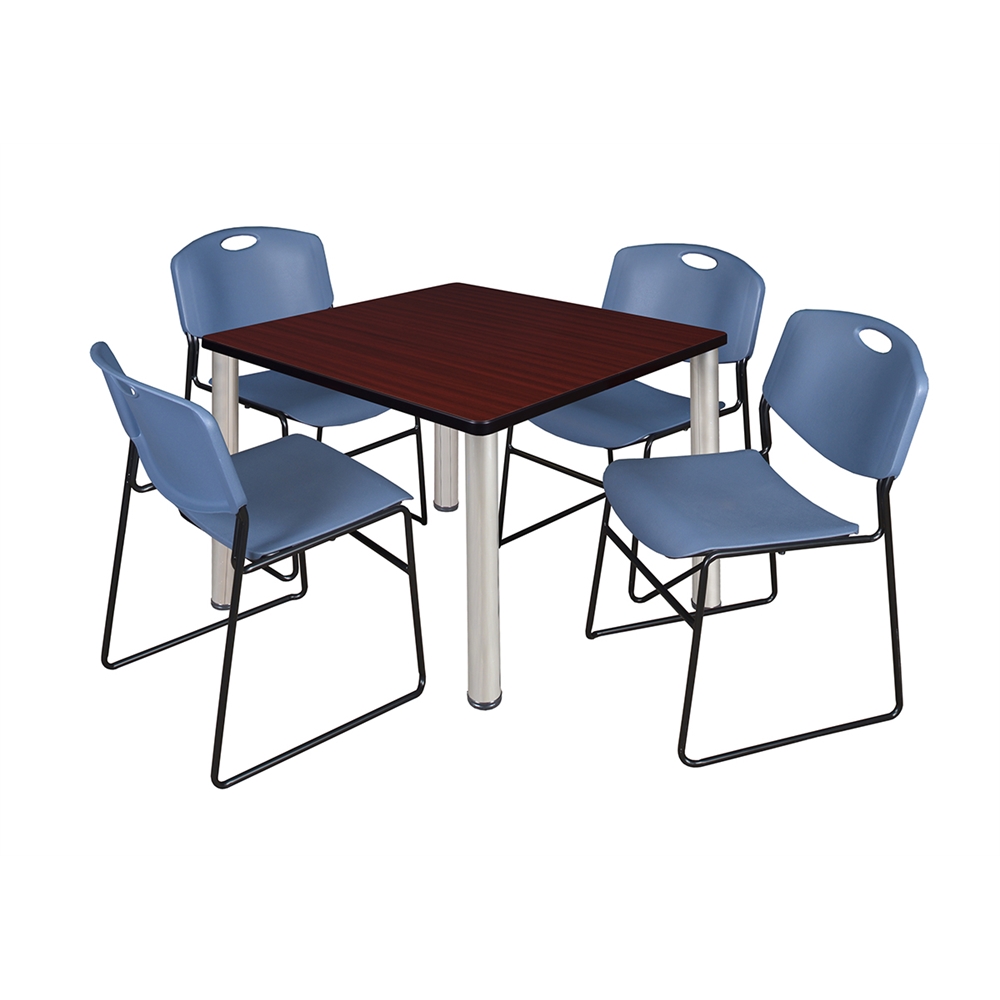 Kee 36" Square Breakroom Table- Mahogany/ Chrome & 4 Zeng Stack Chairs- Blue. Picture 1