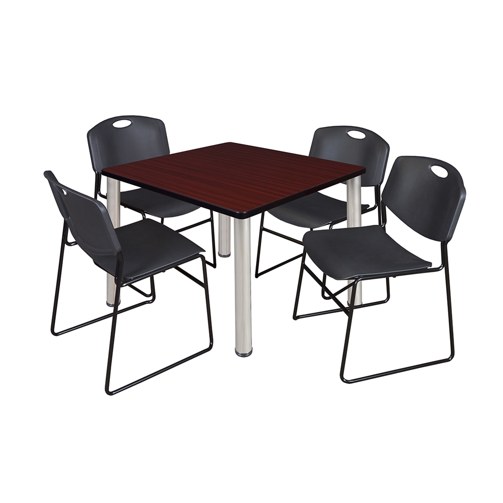 Kee 36" Square Breakroom Table- Mahogany/ Chrome & 4 Zeng Stack Chairs- Black. Picture 1