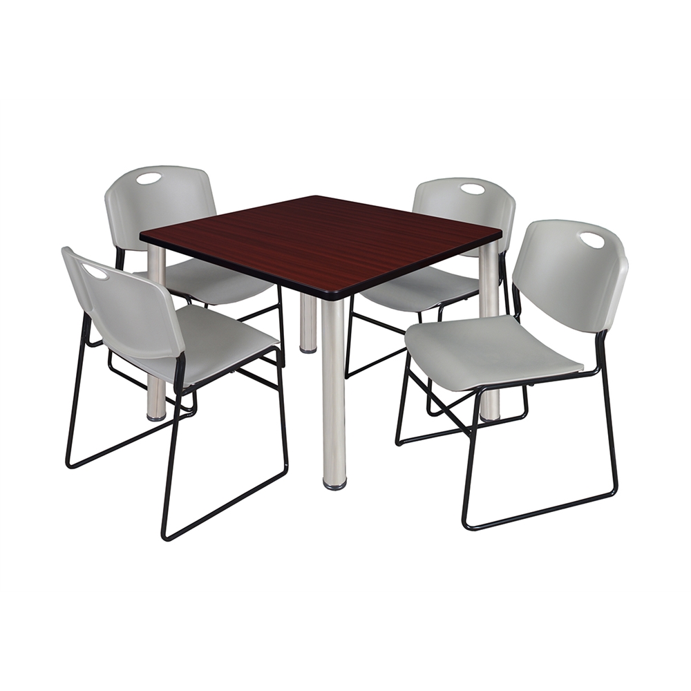 Kee 36" Square Breakroom Table- Mahogany/ Chrome & 4 Zeng Stack Chairs- Grey. Picture 1