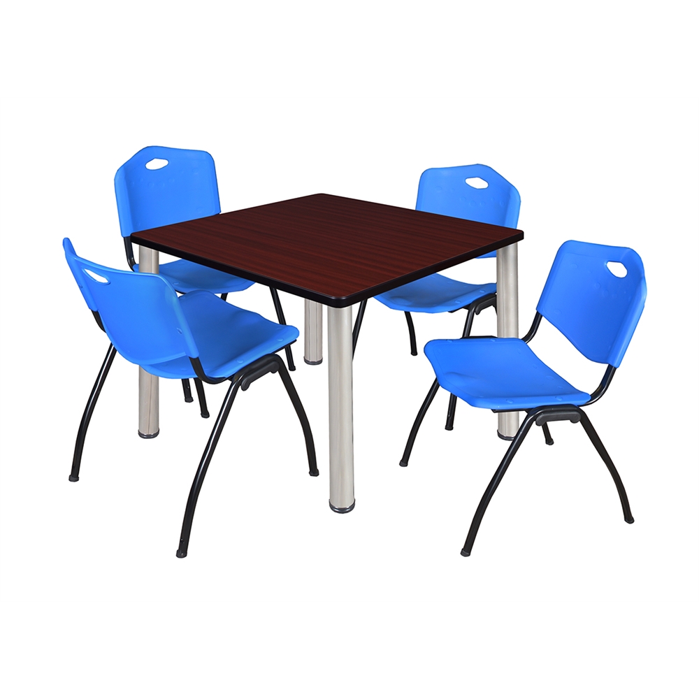 Kee 36" Square Breakroom Table- Mahogany/ Chrome & 4 'M' Stack Chairs- Blue. Picture 1