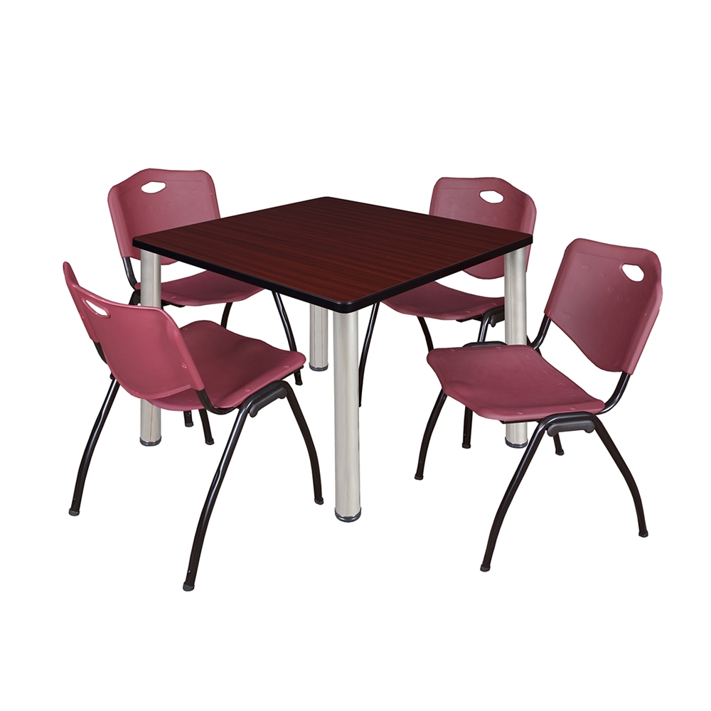 Kee 36" Square Breakroom Table- Mahogany/ Chrome & 4 'M' Stack Chairs- Burgundy. Picture 1