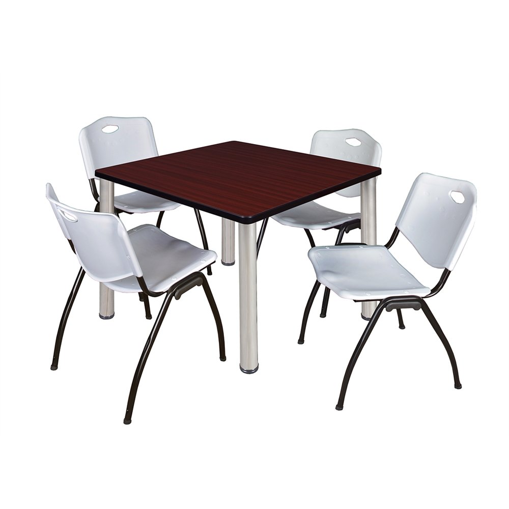 Kee 36" Square Breakroom Table- Mahogany/ Chrome & 4 'M' Stack Chairs- Grey. Picture 1