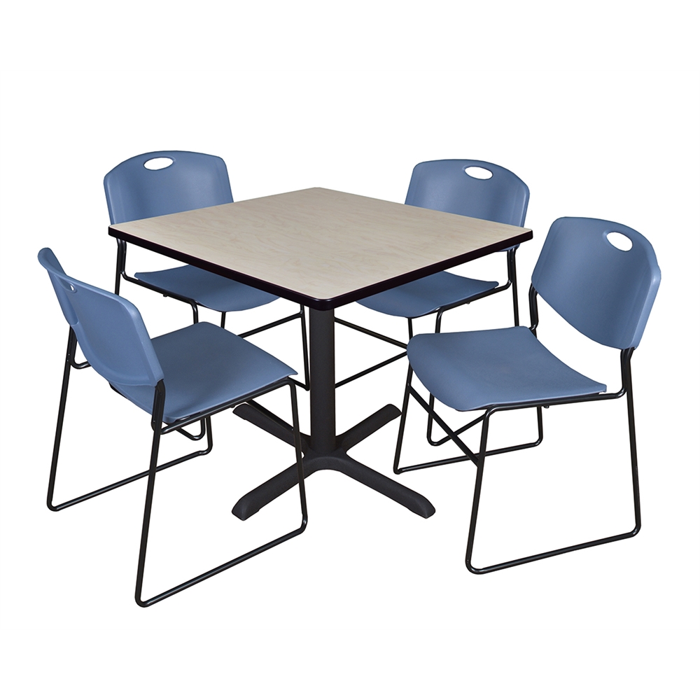Cain 36" Square Breakroom Table- Maple & 4 Zeng Stack Chairs- Blue. Picture 1