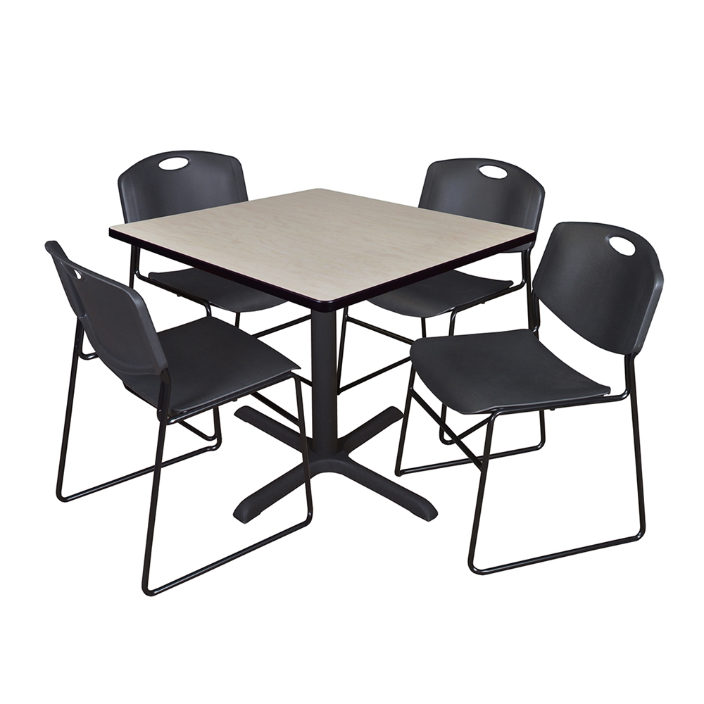 Cain 36" Square Breakroom Table- Maple & 4 Zeng Stack Chairs- Black. Picture 1