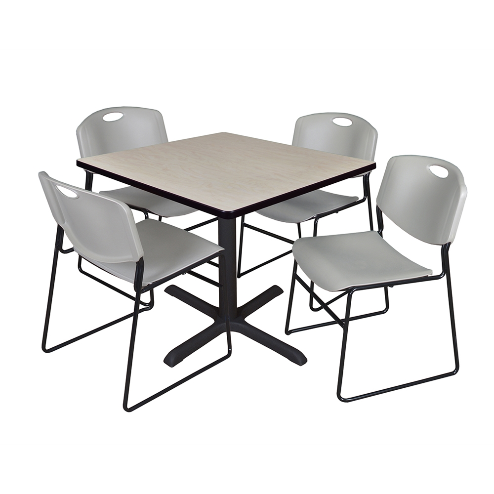 Cain 36" Square Breakroom Table- Maple & 4 Zeng Stack Chairs- Grey. Picture 1